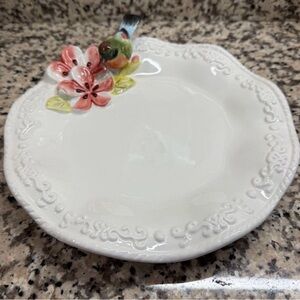 2 White Ceramic Decorative Plate with Pink Floral Accent